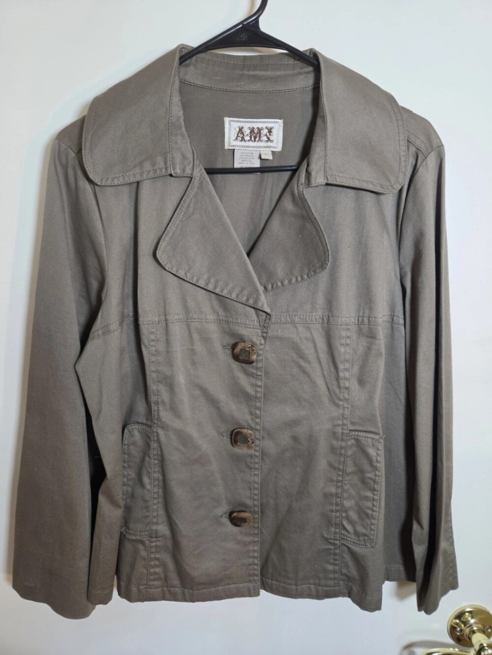 Vtg 90s AMI Green Button Front Utility Jacket Wide Collar Military Goblincore L